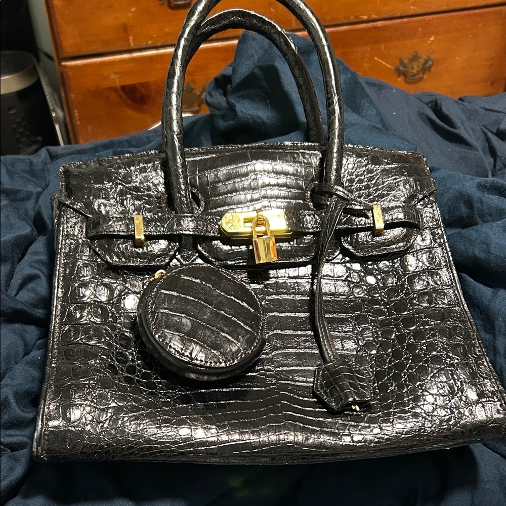 Black Croc-Embossed Leather Satchel with Gold Hardware